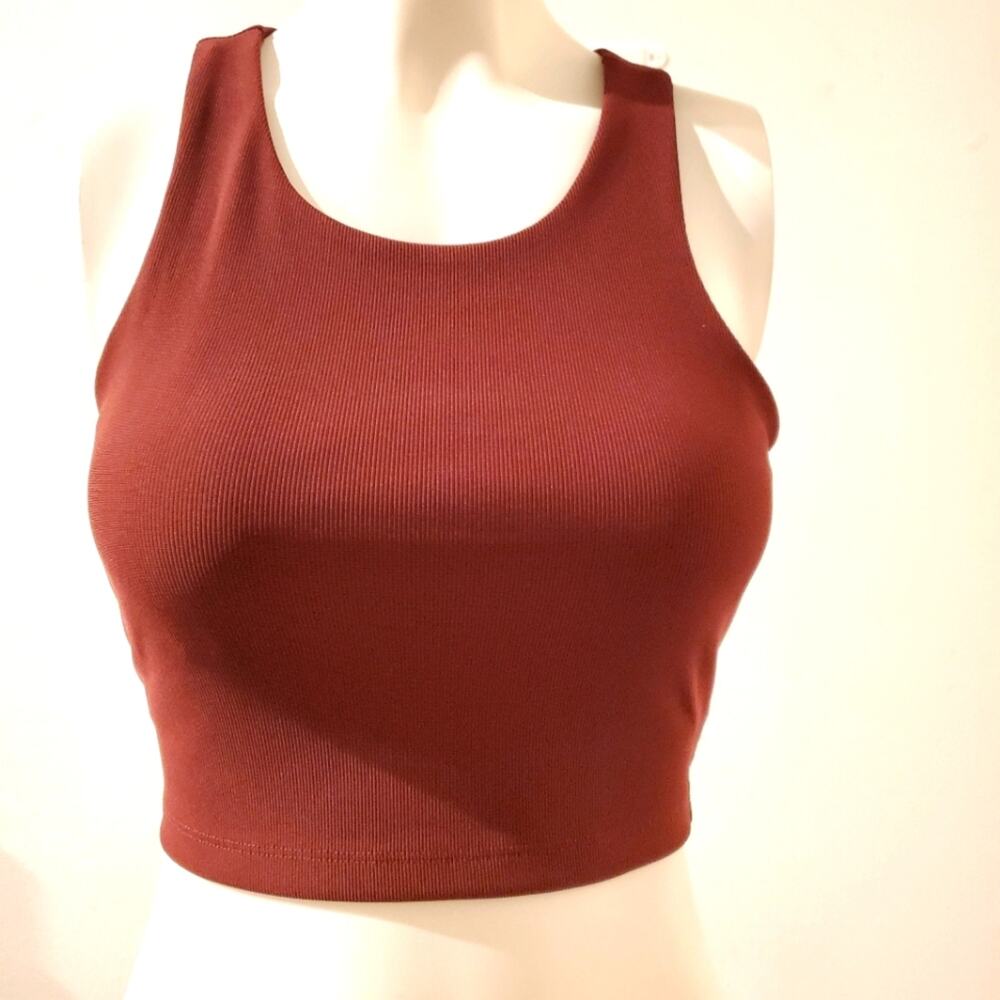 Harmony Balance Womens Rust Brown Ribbed High Neck Cropped Sports Bra Tank XS
